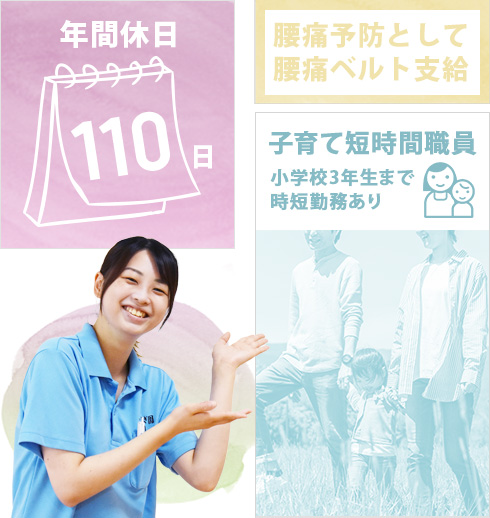 年間休日110日、毎年度すべての職員がウェブ研修受講、腰痛予防として腰痛ベルト職員へ支給